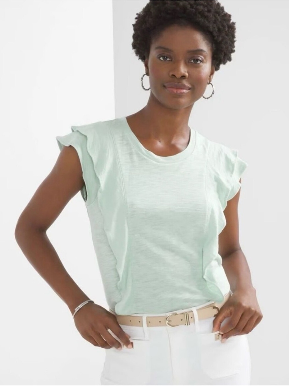 White House Black Market Ruffle Sleeve Crewneck Top - Mint